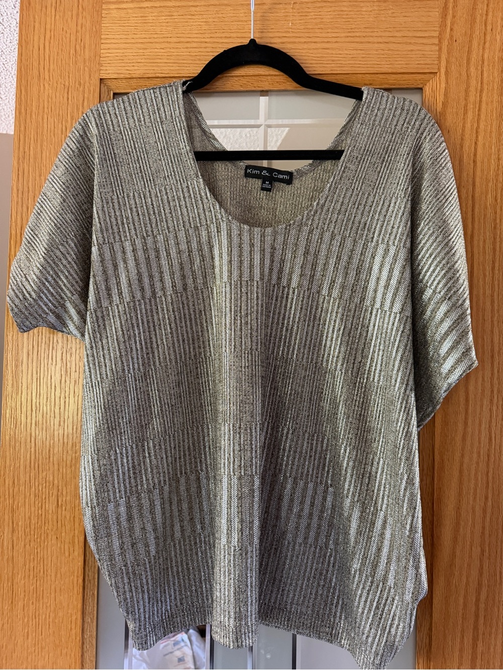 Kim & Cami Metallic Ribbed Short Sleeve Top - Silver